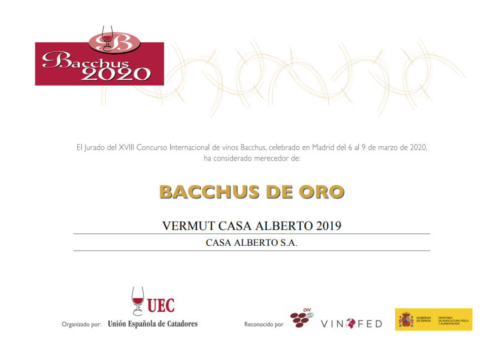 Vermut Casa Alberto, premio Bacchus de oro 2020